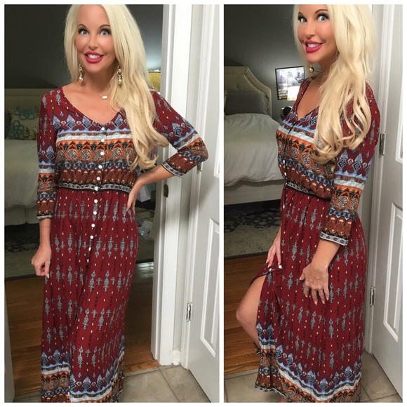 SALE! LAST 1!  ❤️ Wine 3qtr Sleeve Boho Print Maxi - Picture 4 of 5